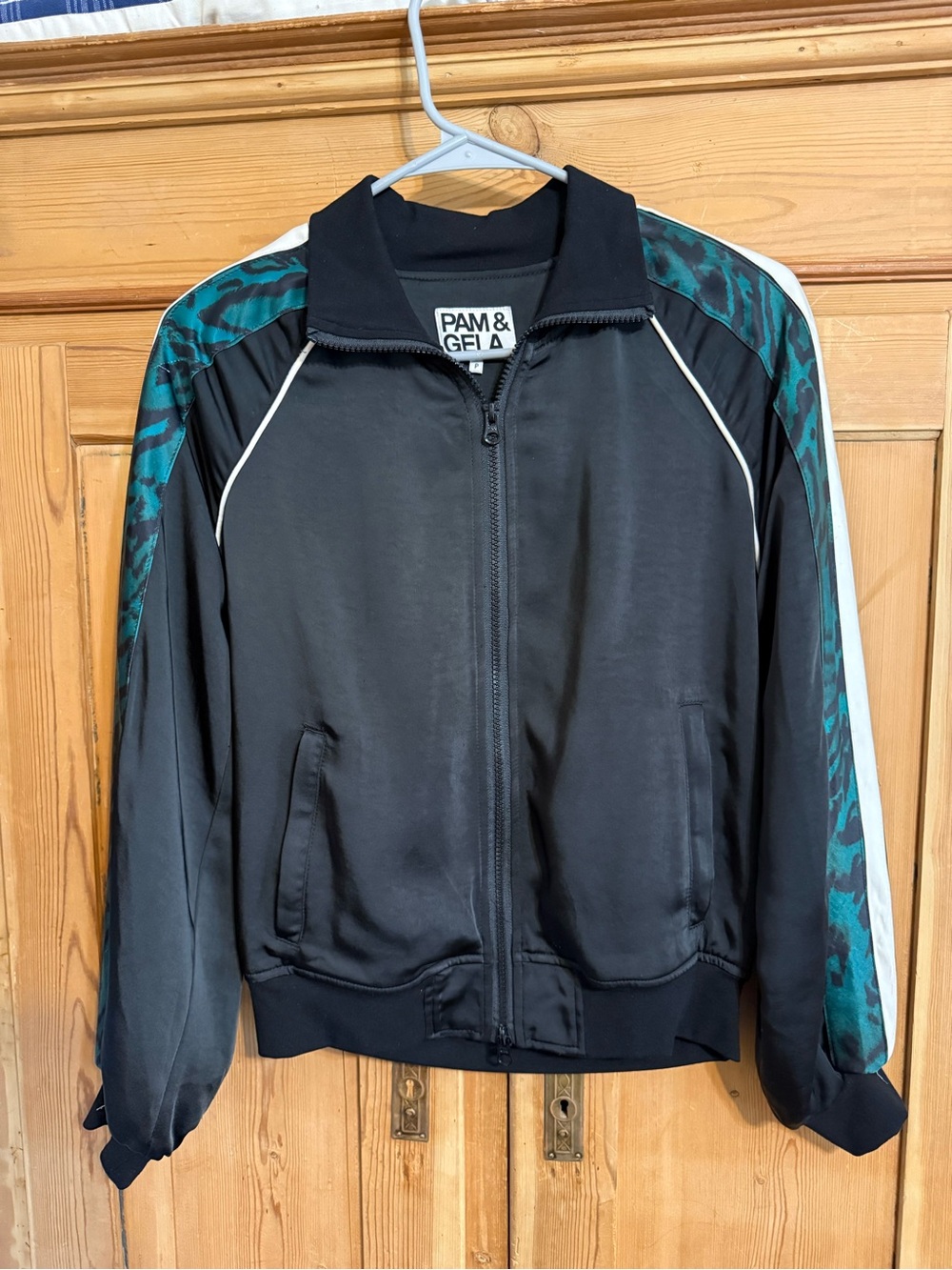 Pam & Gela Black Satin Track Jacket Teal Blue Animal Print Stripes Size S